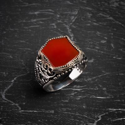 925 Ayar El İşlemesi Desenli Akik Yüzük - Osmanlı Doğaltaş