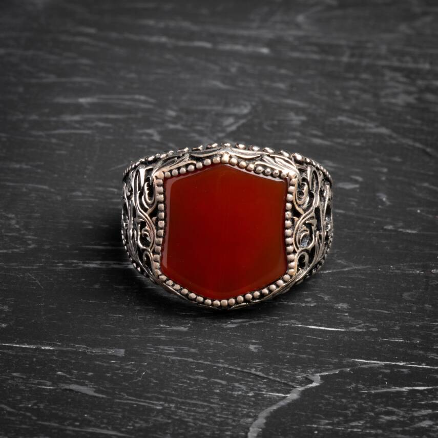 925 Ayar El İşlemesi Desenli Akik Yüzük - 2