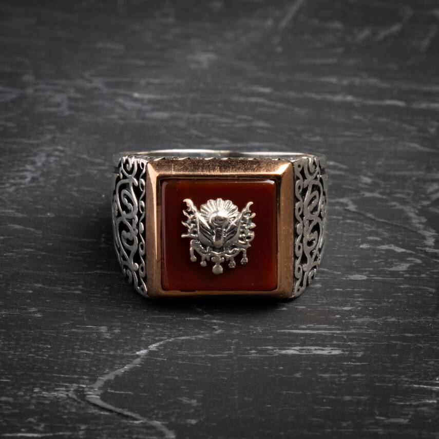 925 Ayar Gümüş Osmanlı Tuğra Akik Yüzük - 2