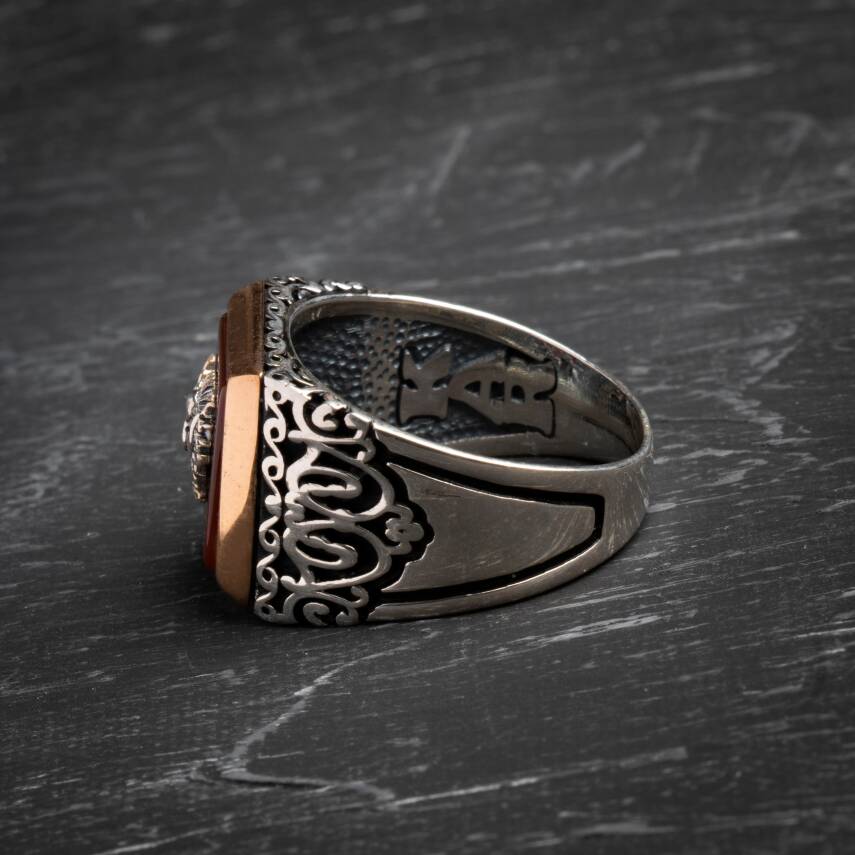 925 Ayar Gümüş Osmanlı Tuğra Akik Yüzük - 4