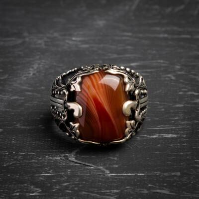 925 Ayar Motifli Akik Doğal Taş Yüzük - 2