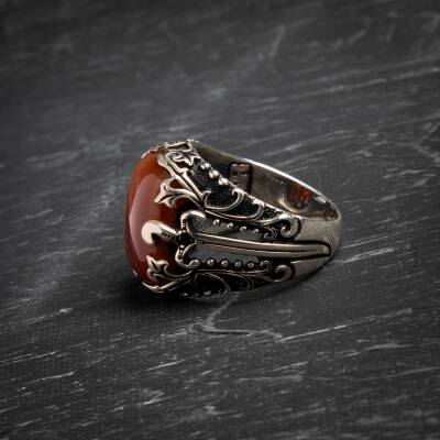 925 Ayar Motifli Akik Doğal Taş Yüzük - 3