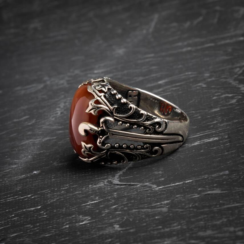 925 Ayar Motifli Akik Doğal Taş Yüzük - 3