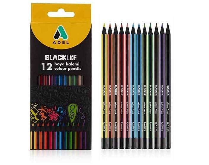 Adel Blackline Karton Kutu Kuru Boya Kalemi 12 Renk Tam Boy - 1