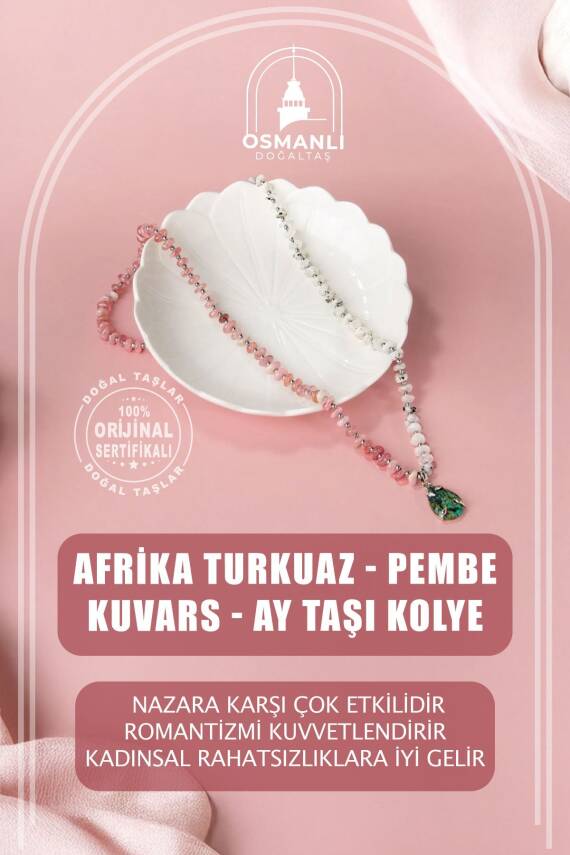 Afrika Turkuaz-Pembe Kuvars-Ay Taşı Doğal Taş Kolye - 1