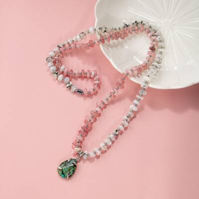 Afrika Turkuaz-Pembe Kuvars-Ay Taşı Doğal Taş Kolye - 3