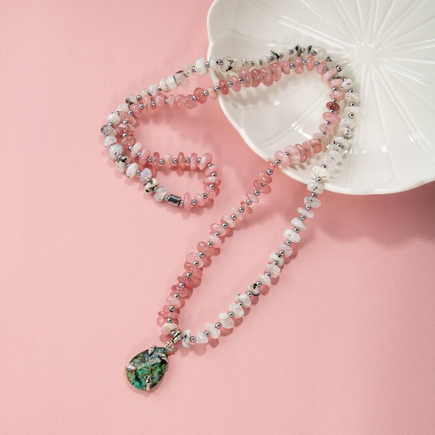 Afrika Turkuaz-Pembe Kuvars-Ay Taşı Doğal Taş Kolye - 3