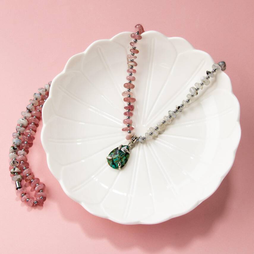 Afrika Turkuaz-Pembe Kuvars-Ay Taşı Doğal Taş Kolye - 4