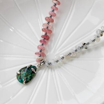 Afrika Turkuaz-Pembe Kuvars-Ay Taşı Doğal Taş Kolye - 5