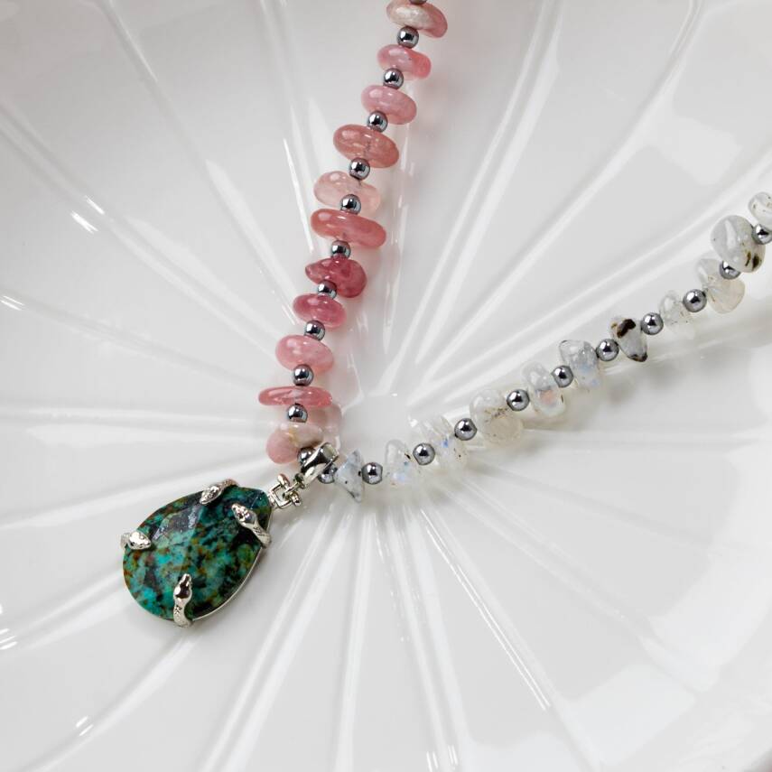 Afrika Turkuaz-Pembe Kuvars-Ay Taşı Doğal Taş Kolye - 5