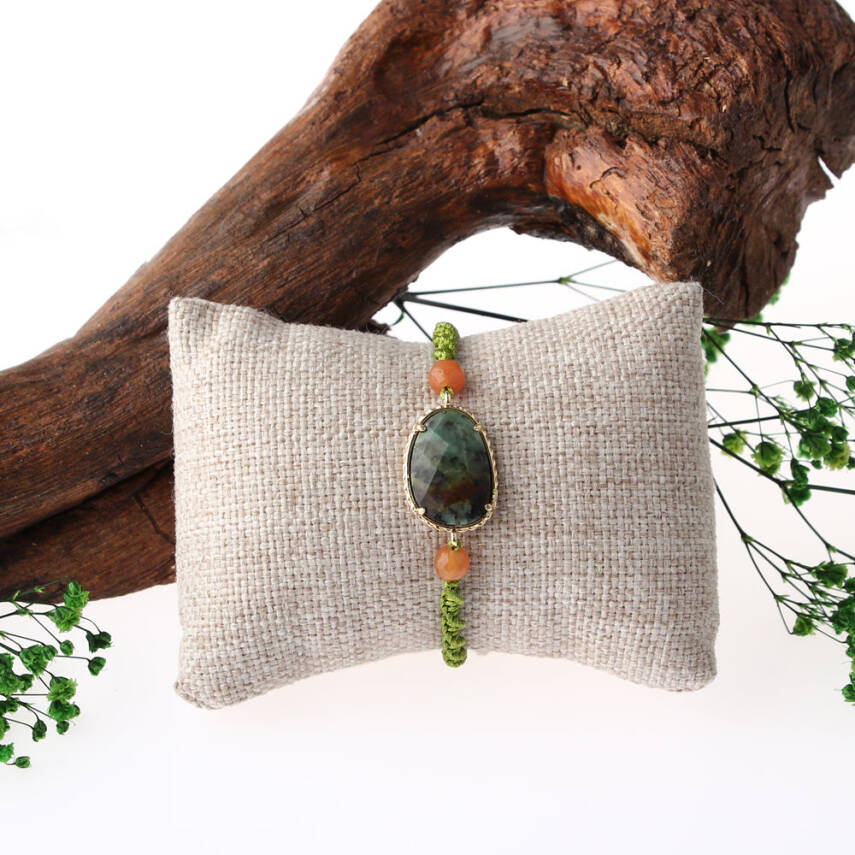 Afrika Turkuaz- Turuncu Aventurin Doğal Taş Makrome Örgü Bileklik - 2