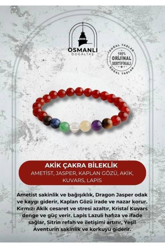 Akik Çakra Bileklik Ametist, Jasper, Kaplan Gözü, Akik, Kuvars, Lapis - 2
