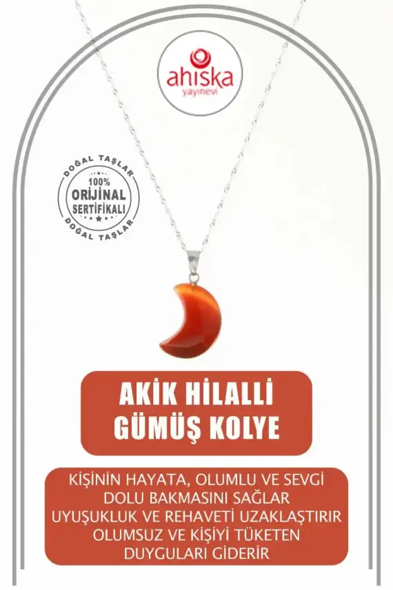 Akik Doğal Taş Hilalli Kolye, Gümüş Zincir - 1