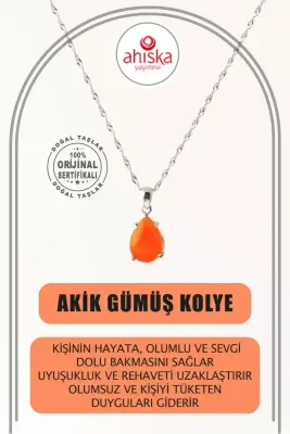 Akik Doğal Taş Kolye, Gümüş Zincir - 1