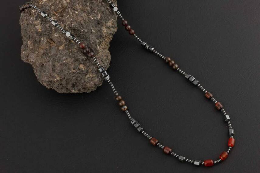 Akik-Kaplan Gözü-Bronzit-Jasper-Kuvars-Lal-Pirit-Obsidyen Doğal Taş Erkek Kolye - 3