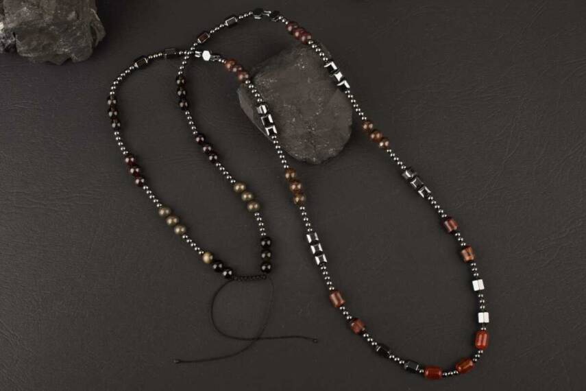 Akik-Kaplan Gözü-Bronzit-Jasper-Kuvars-Lal-Pirit-Obsidyen Doğal Taş Erkek Kolye - 5