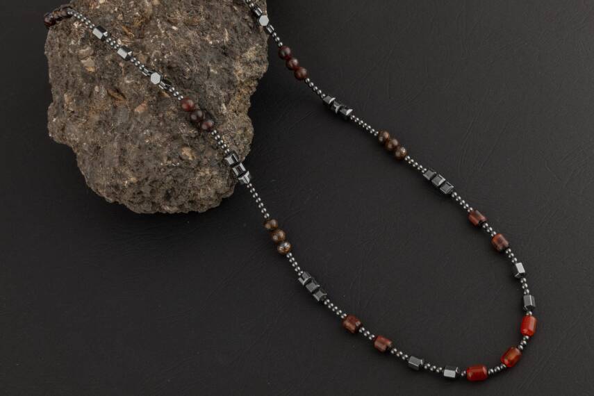 Akik-Kaplan Gözü-Bronzit-Jasper-Kuvars-Lal-Pirit-Obsidyen Doğal Taş Erkek Kolye - 3