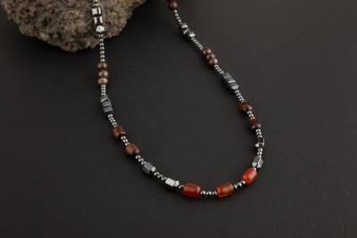 Akik-Kaplan Gözü-Bronzit-Jasper-Kuvars-Lal-Pirit-Obsidyen Doğal Taş Erkek Kolye - 4