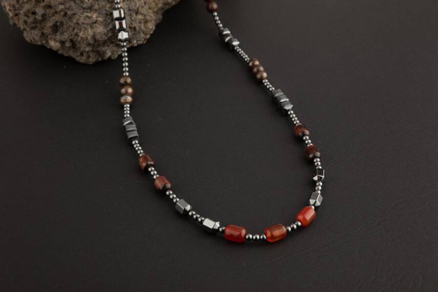 Akik-Kaplan Gözü-Bronzit-Jasper-Kuvars-Lal-Pirit-Obsidyen Doğal Taş Erkek Kolye - 4