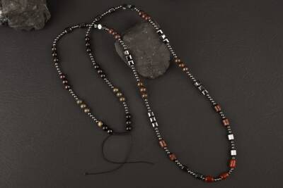 Akik-Kaplan Gözü-Bronzit-Jasper-Kuvars-Lal-Pirit-Obsidyen Doğal Taş Erkek Kolye - 5