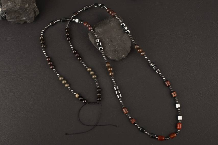 Akik-Kaplan Gözü-Bronzit-Jasper-Kuvars-Lal-Pirit-Obsidyen Doğal Taş Erkek Kolye - 5