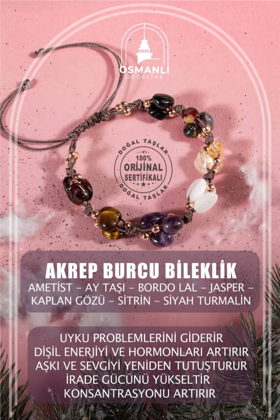 Akrep Burcu Bileklik Ametist, Ay Taşı, Bordo Granat Lal, Jasper, Kaplan Gözü, Sitrin, Siyah Turmalin - 2