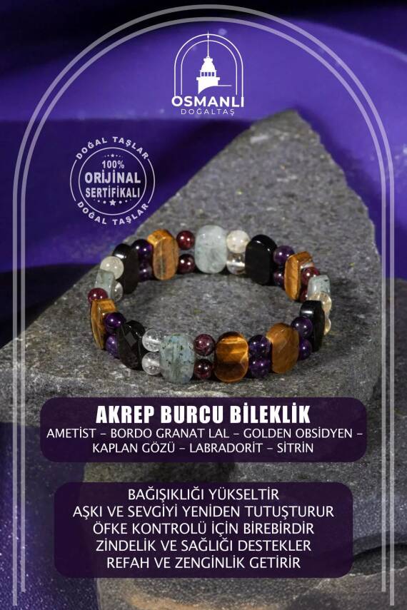 Akrep Burcu Bileklik Ametist, Bordo Granat Lal, Golden Obsidyen, Kaplan Gözü, Labradorit, Sitrin - 2