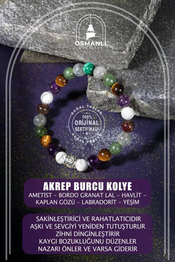 Akrep Burcu Bileklik Ametist, Bordo Granat Lal, Havlit, Kaplan Gözü, Labradorit, Yeşim - 2