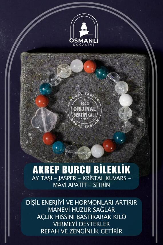 Akrep Burcu Bileklik Ay Taşı, Jasper, Kristal Kuvars, Mavi Apatit, Sitrin - 2