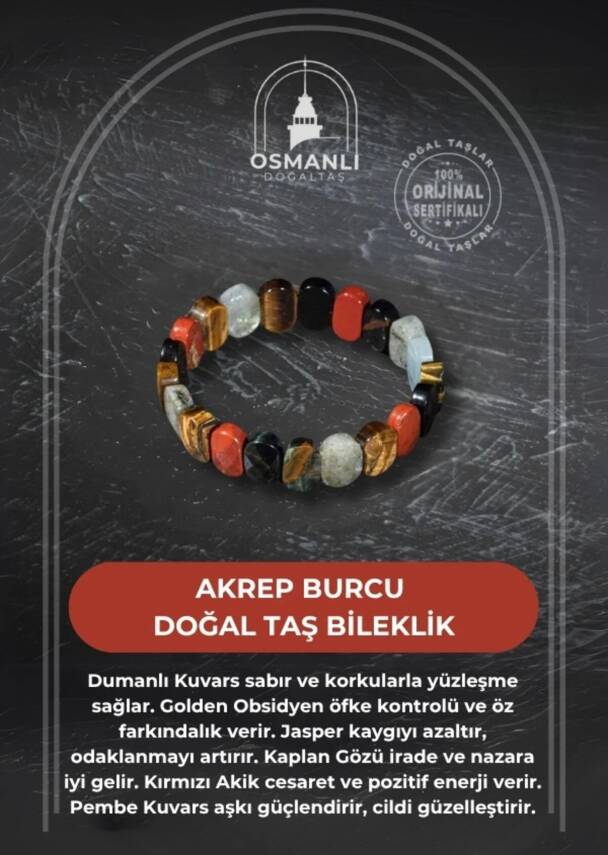 Akrep Burcu Bileklik Dumanlı Kuvars, Golden Obsidyen, Jasper, Kaplan Gözü, Kırmızı Akik, Pembe Kuvars - 2