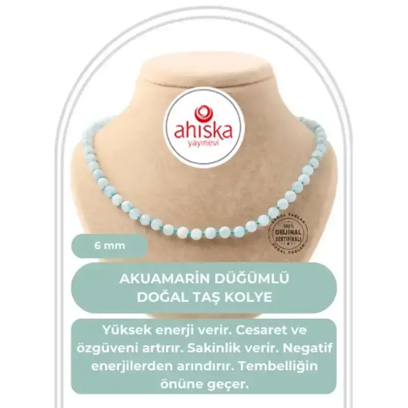 Akuamarin 6 mm Düğümlü Doğal Taş Kolye - 2