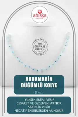 Akuamarin 8 mm Düğümlü Doğal Taş Kolye - 1