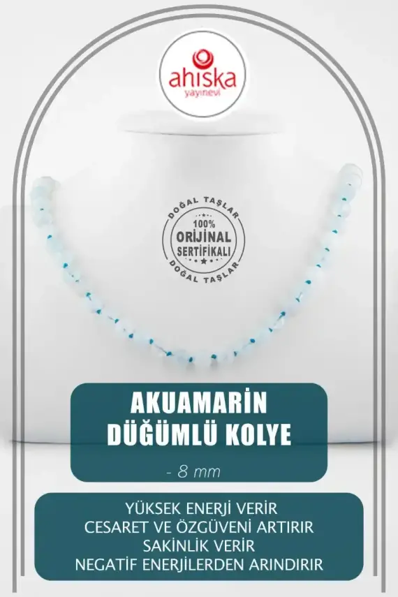 Akuamarin 8 mm Düğümlü Doğal Taş Kolye - 1