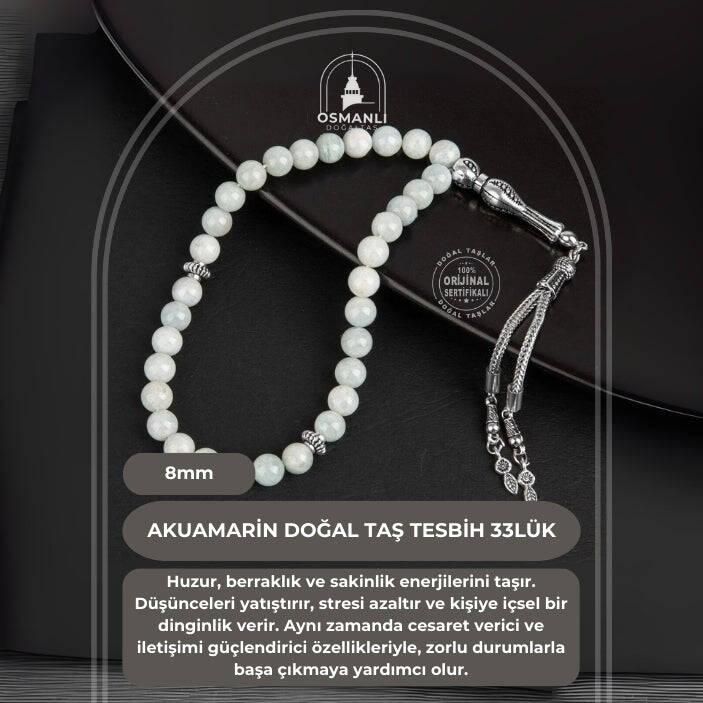 Akuamarin Doğal Taş Tesbih 33lük - 8mm - 2