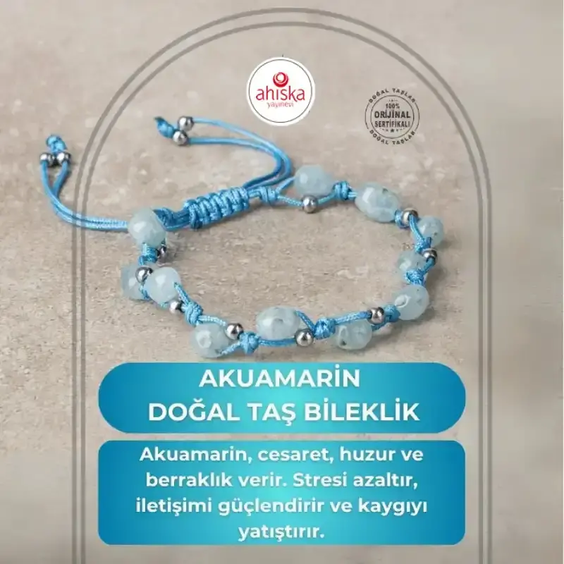 Akuamarin Natürel Kesim Doğal Taş Makrome Bileklik - 1