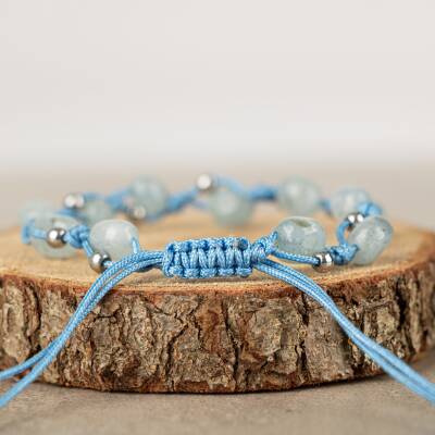 Akuamarin Natürel Kesim Doğal Taş Makrome Bileklik - 4