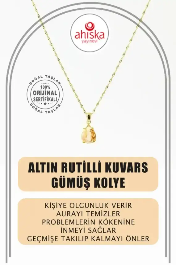 Altın Rutilli Kuvars Doğal Taş Kolye, Gümüş Sarı Zincir - 1