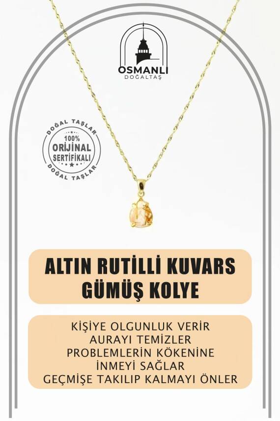 Altın Rutilli Kuvars Doğal Taş Kolye, Gümüş Sarı Zincir - 2