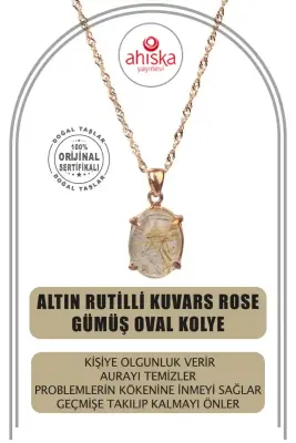 Altın Rutilli Kuvars Doğal Taş Rose Gümüş Oval Kolye - 1