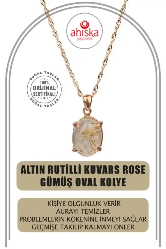 Altın Rutilli Kuvars Doğal Taş Rose Gümüş Oval Kolye - 1