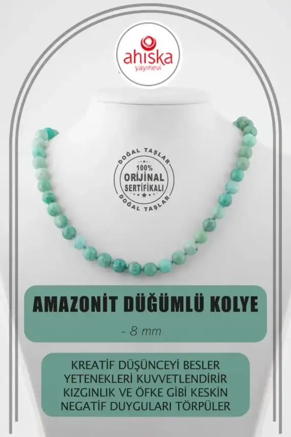 Amazonit 8 mm Düğümlü Doğal Taş Kolye - 1