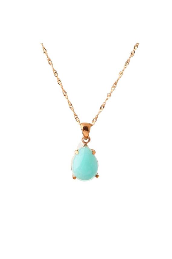 Amazonit Doğal Taş Gümüş Kolye, Gümüş Sarı Zincir - 1