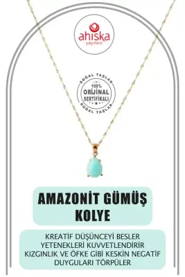 Amazonit Doğal Taş Gümüş Kolye, Gümüş Sarı Zincir - Doğal Taş (1)