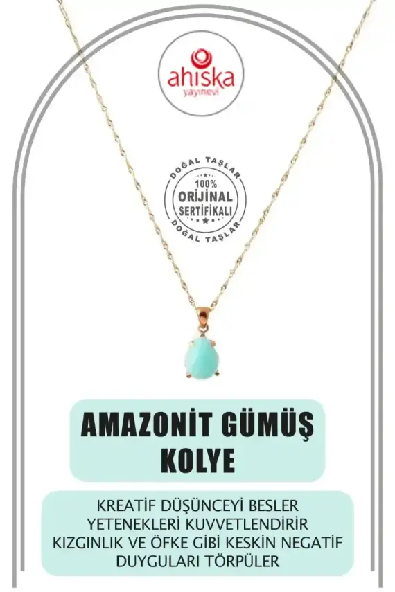 Amazonit Doğal Taş Gümüş Kolye, Gümüş Sarı Zincir - 2