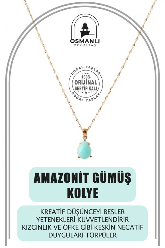 Amazonit Doğal Taş Gümüş Kolye, Gümüş Sarı Zincir - 1