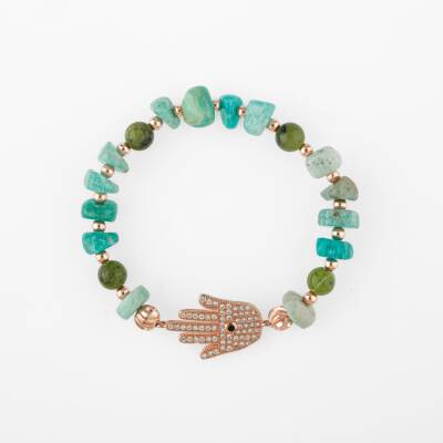 Amazonit-Yeşim Doğal Taş Hamsa Fatıma Eli Altın Kaplama Bileklik - Osmanlı Doğaltaş