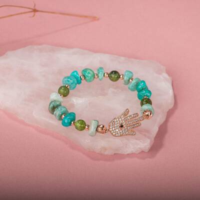 Amazonit-Yeşim Doğal Taş Hamsa Fatıma Eli Altın Kaplama Bileklik - 4