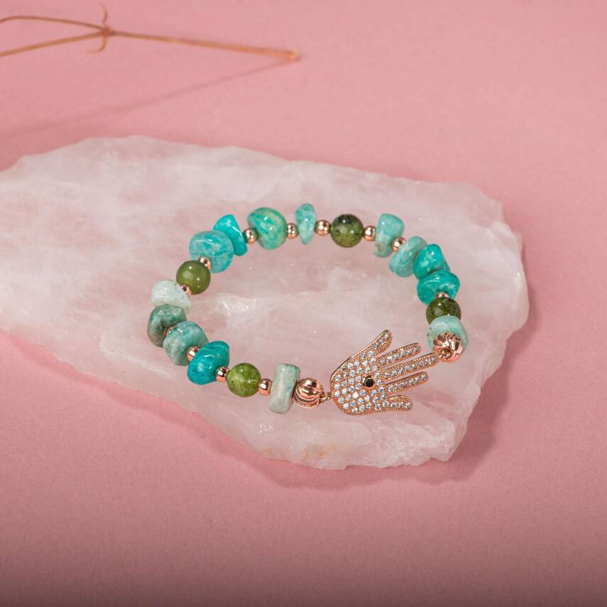 Amazonit-Yeşim Doğal Taş Hamsa Fatıma Eli Altın Kaplama Bileklik - 4