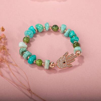 Amazonit-Yeşim Doğal Taş Hamsa Fatıma Eli Altın Kaplama Bileklik - 5