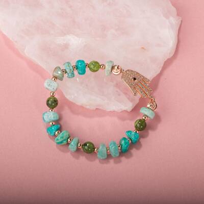 Amazonit-Yeşim Doğal Taş Hamsa Fatıma Eli Altın Kaplama Bileklik - 2